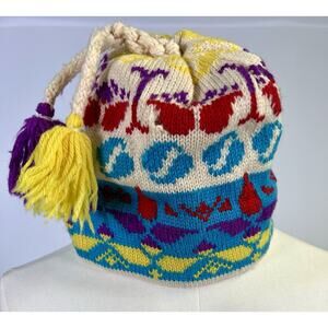 Vtg Murray Merkley Hand Knit Wool Ski Hat 80s Bright Resort Mountain